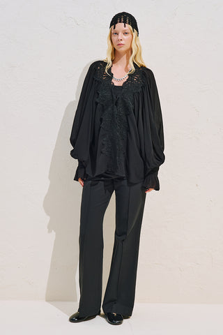 Lace Collar Draped Blouse Black