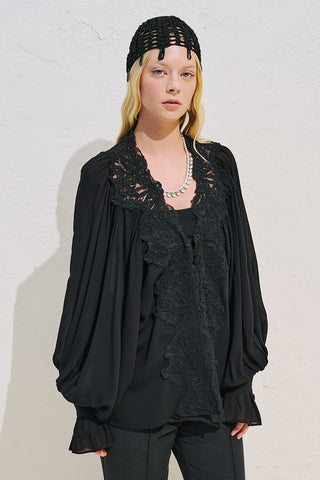 Lace Collar Draped Blouse Black
