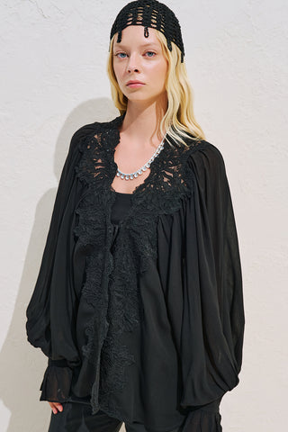 Lace Collar Draped Blouse Black