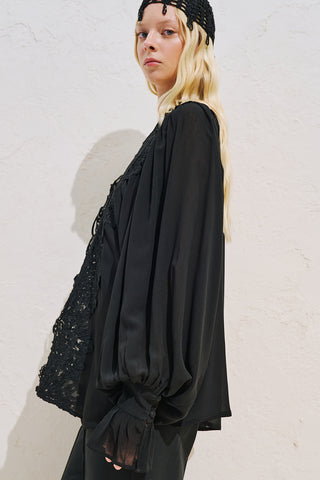 Lace Collar Draped Blouse Black