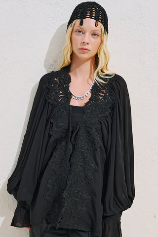 Lace Collar Draped Blouse Black