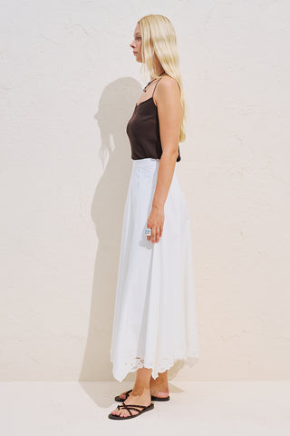 Embroidered Asymmetric Flared Skirt Ecru