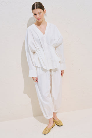 Pleated Waist Statement Shirt White