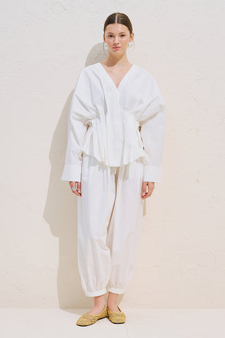 Pleated Waist Statement Shirt White