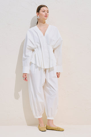 Pleated Waist Statement Shirt White