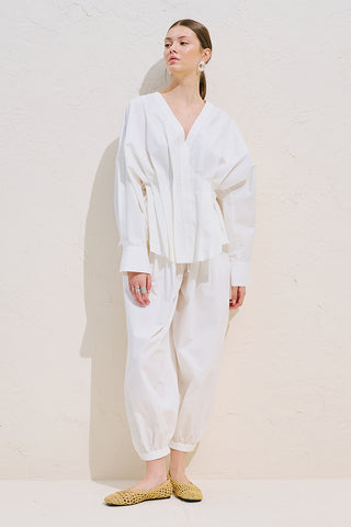 Pleated Waist Statement Shirt White