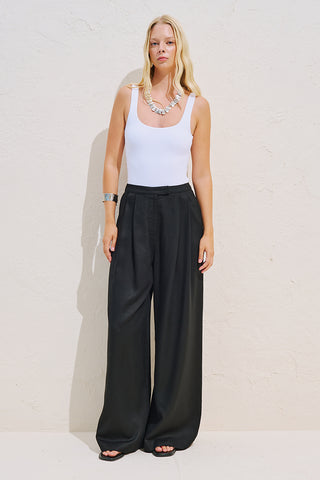 Linen Blend Pleated Trousers Black