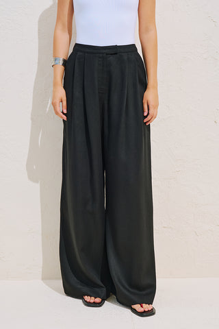 Linen Blend Pleated Trousers Black