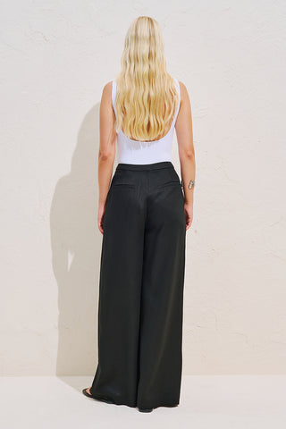 Linen Blend Pleated Trousers Black