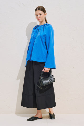 Relaxed Tie Detail Blouse With Gathered Finish Blue