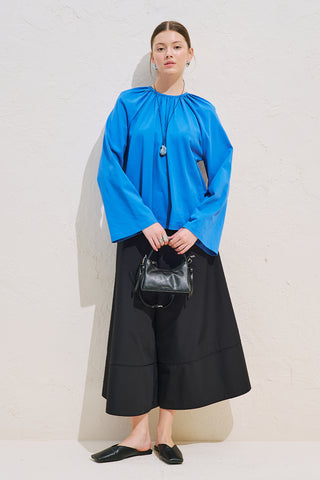 Relaxed Tie Detail Blouse With Gathered Finish Blue