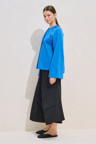Relaxed Tie Detail Blouse With Gathered Finish Blue