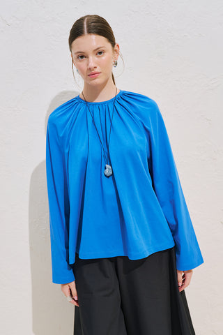 Relaxed Tie Detail Blouse With Gathered Finish Blue