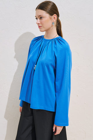Relaxed Tie Detail Blouse With Gathered Finish Blue