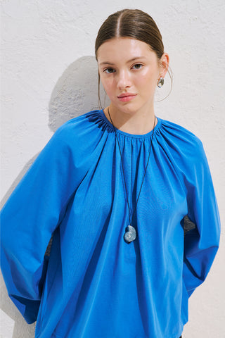 Relaxed Tie Detail Blouse With Gathered Finish Blue