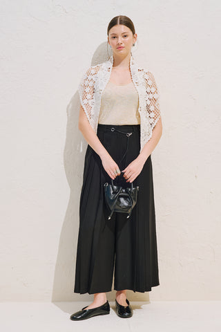 Linen Blend Wide Pleated Trousers Black
