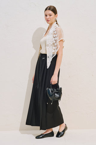 Linen Blend Wide Pleated Trousers Black