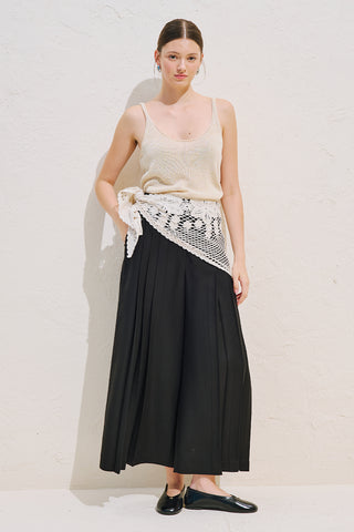 Linen Blend Wide Pleated Trousers Black