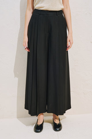 Linen Blend Wide Pleated Trousers Black