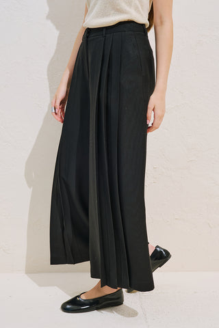 Linen Blend Wide Pleated Trousers Black