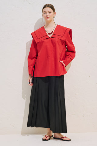 Sailor Collar Shirt With Trim Detail Red