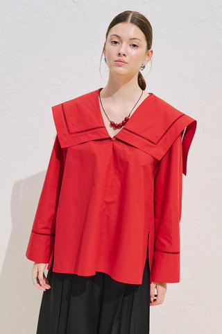 Sailor Collar Shirt With Trim Detail Red