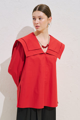 Sailor Collar Shirt With Trim Detail Red