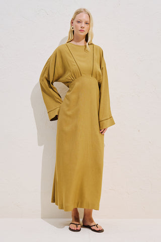 Linen Blend Wide Sleeve Dress Saffron