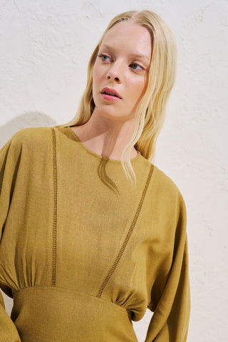 Linen Blend Wide Sleeve Dress Saffron