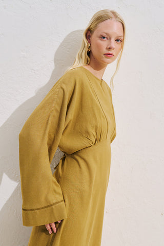 Linen Blend Wide Sleeve Dress Saffron