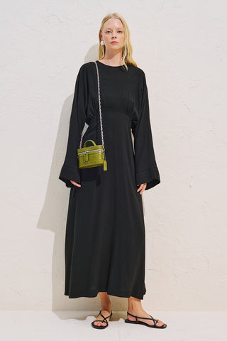 Linen Blend Wide Sleeve Dress Black