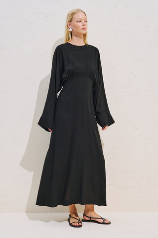 Linen Blend Wide Sleeve Dress Black