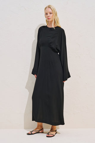 Linen Blend Wide Sleeve Dress Black
