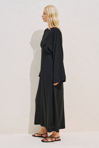 Linen Blend Wide Sleeve Dress Black