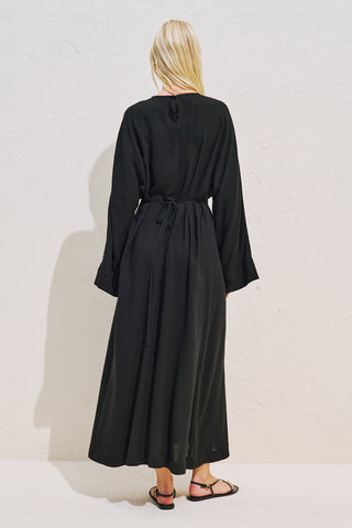Linen Blend Wide Sleeve Dress Black