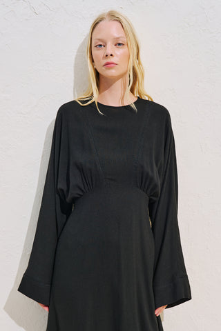 Linen Blend Wide Sleeve Dress Black