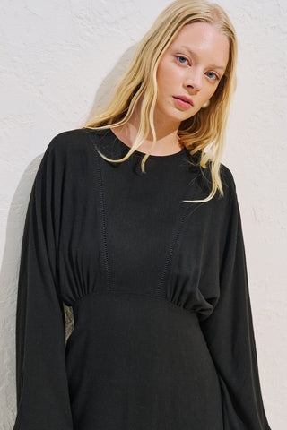 Linen Blend Wide Sleeve Dress Black