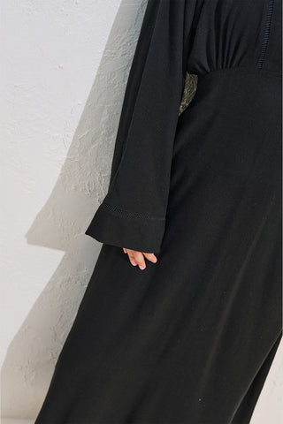 Linen Blend Wide Sleeve Dress Black