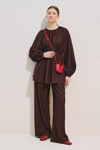 Textured Draped Balloon Sleeve Tunic Dark Brown