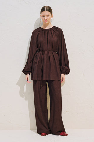 Textured Draped Balloon Sleeve Tunic Dark Brown