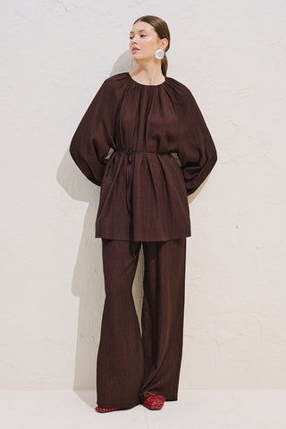 Textured Draped Balloon Sleeve Tunic Dark Brown
