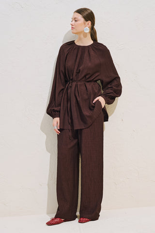 Textured Draped Balloon Sleeve Tunic Dark Brown