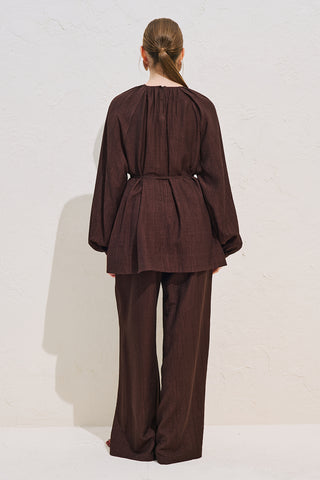 Textured Draped Balloon Sleeve Tunic Dark Brown