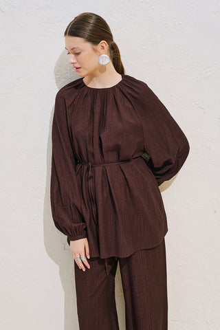 Textured Draped Balloon Sleeve Tunic Dark Brown