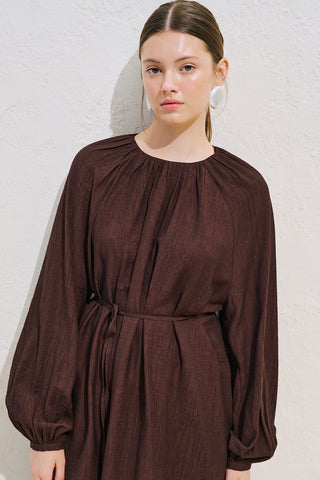 Textured Draped Balloon Sleeve Tunic Dark Brown