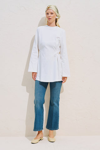Waist Tie Long Sleeve T Shirt Ecru