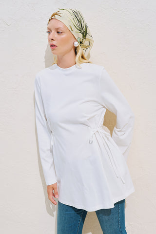 Waist Tie Long Sleeve T Shirt Ecru