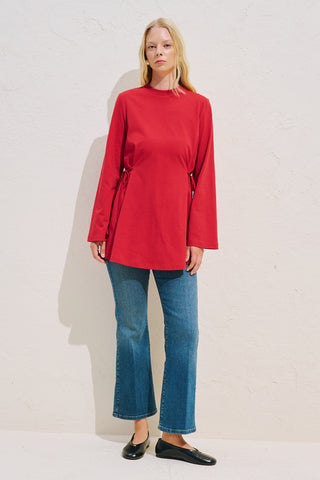 Waist Tie Long Sleeve T Shirt Red