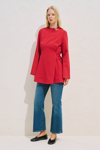 Waist Tie Long Sleeve T Shirt Red