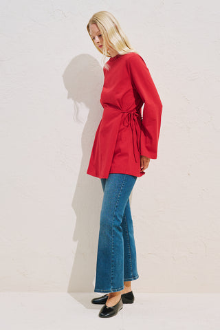 Waist Tie Long Sleeve T Shirt Red